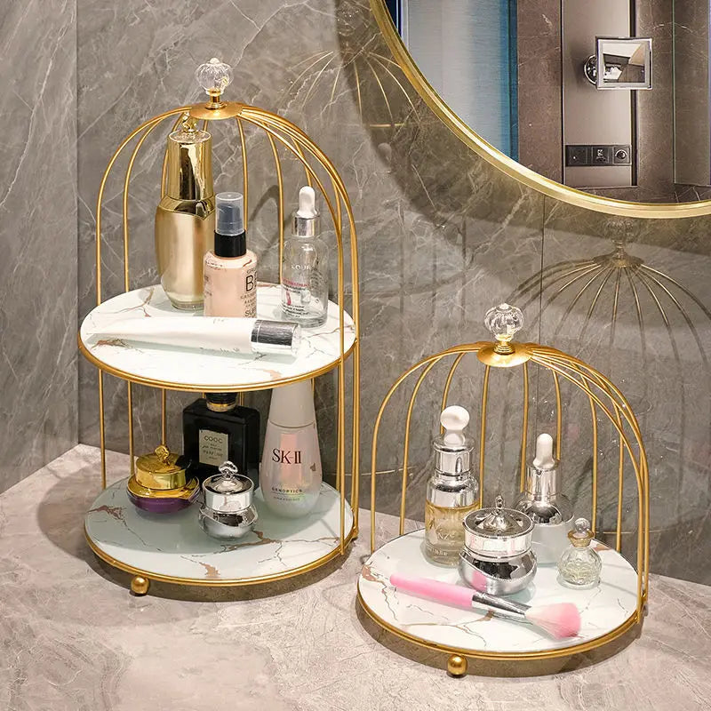 cage bijoux moderne or noir marbre élégante pinceau maquillage flacons cosmétiques diverse ornementalité respectueux