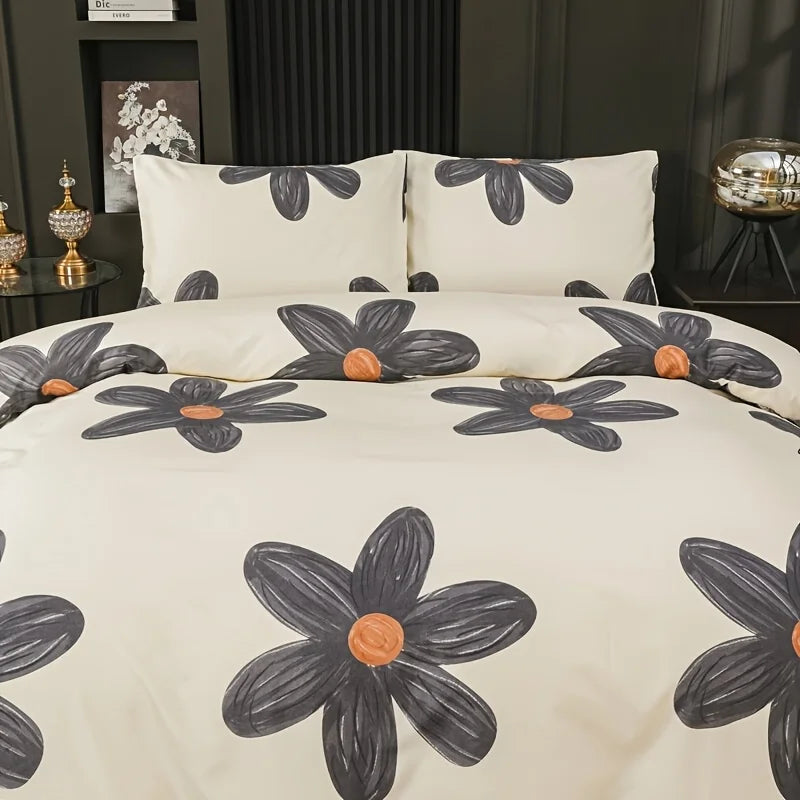 housse couette 3D fleurs stylisées beige gris orange moderne zippée taies d'oreiller