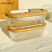 récipient verre couvercle bois couteau blanc moderne minimaliste transparent texturé motifs bosselés lignes verticales