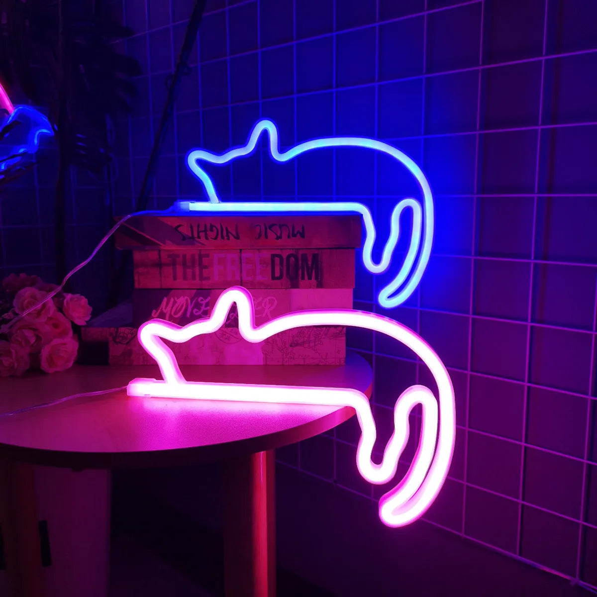 néon mural chat forme bleu rose moderne veilleuse lumineuse décoration intérieure cadeauOpaque