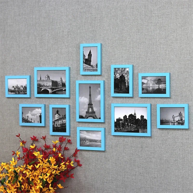 cadres photo moderne ensemble noir jaune bleu gris texturé opaques protections salon decoration