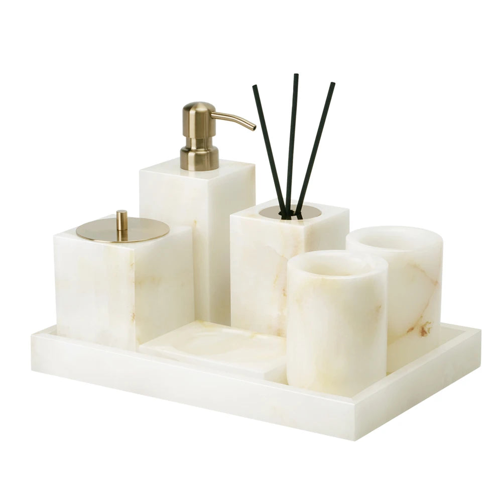 ensemble accessoires salle bain marbre blanc onyx distributeur savon plateau pot brosse dents