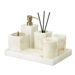 ensemble accessoires salle bain marbre blanc onyx distributeur savon plateau pot brosse dents