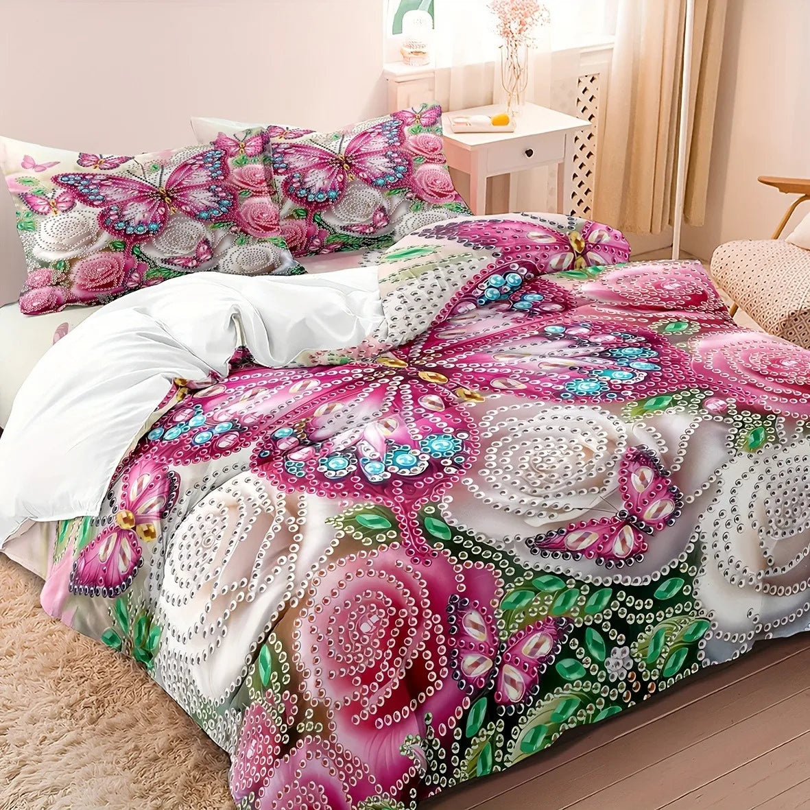 housse couette imprimée papillons moderne 100 polyester douce pièces rose blanche