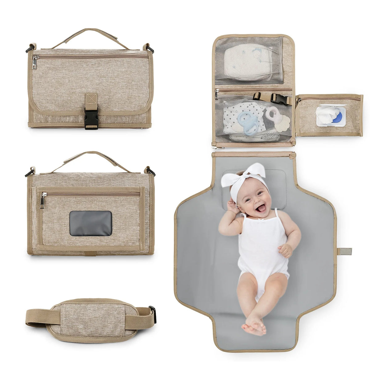 sac main bébé toile beige pratique coussin changement coussin voyage pochettes lingettes portable moderne