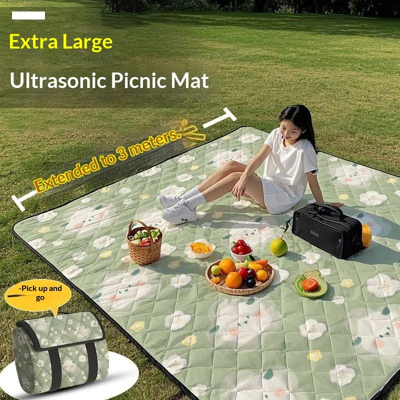tapis pique nique pliable imperméable motif floral personnages enfants poignées transport vertclair fruits panier