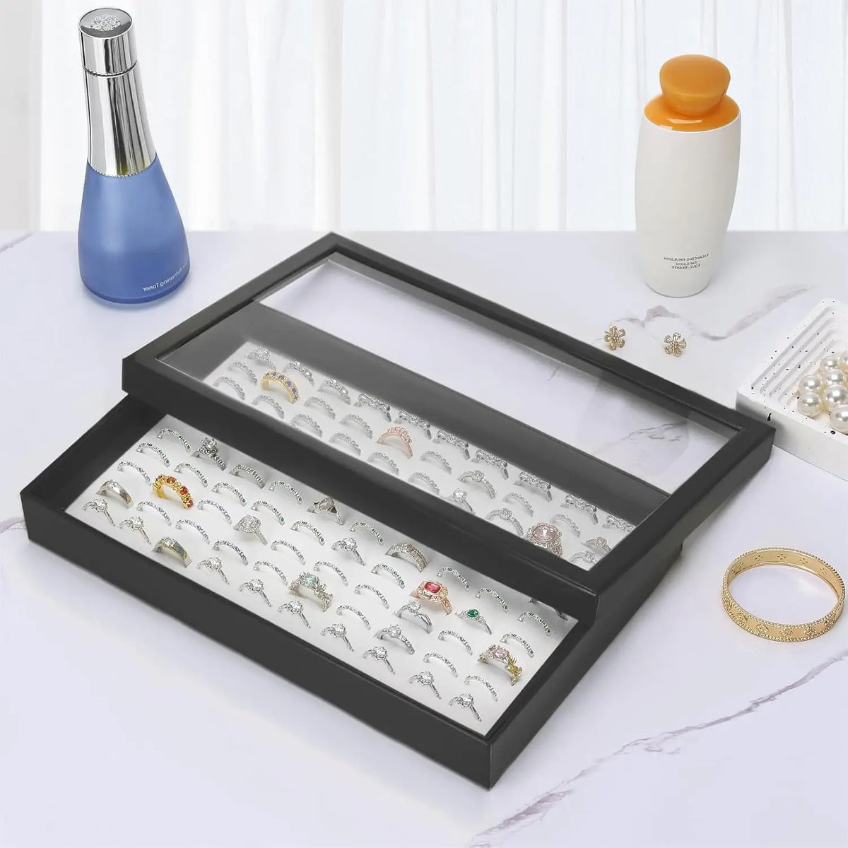 boîte rangement bijoux bague or diamant classique blanc noir rechargeable papier plastique moderne