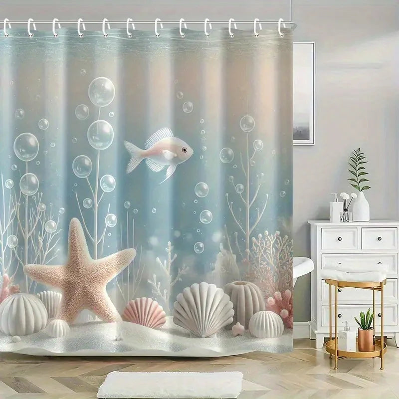 rideau douche thème marin bleu clair rose pâle étoiles mer coquillages poissons bulles moderne