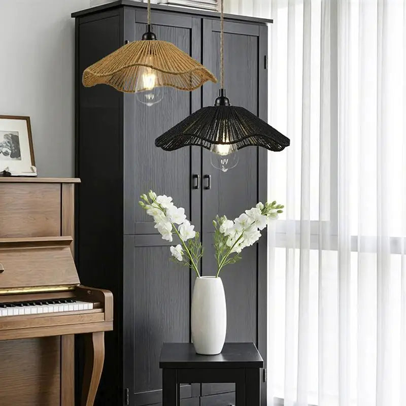Suspension lumineuse moderne tissée naturelle bois opaque chaîne ampoule noir vintage