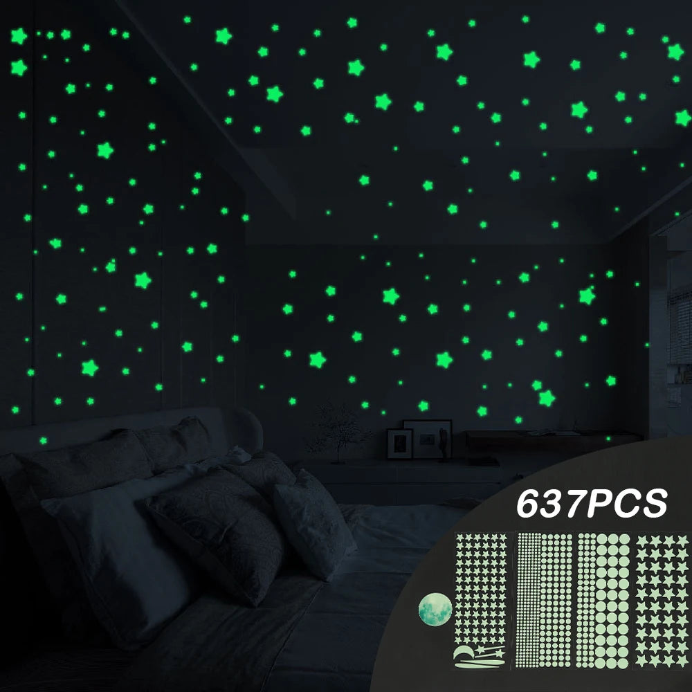 stickers muraux lumineux étoiles points lunes vert fluorescent moderne décoration chambre bébé 637 pièces