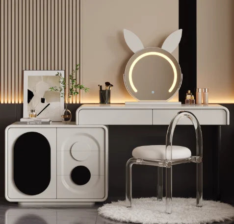 meuble maquillage blanc moderne plateau tabouret vase bouteilles parfum écologique bois.storage minimaliste