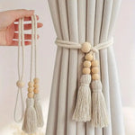 rubans rideau boho chic pompons bois beige clair inclusion accessoires fenêtre modernehôtel