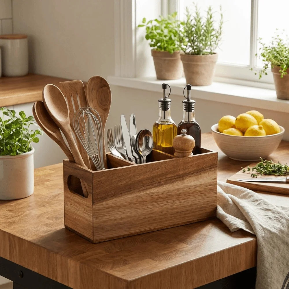 boîte couverts bois marron clair texture naturelle moderne rustique cuillères fourchettes couteaux assaisonnement huile