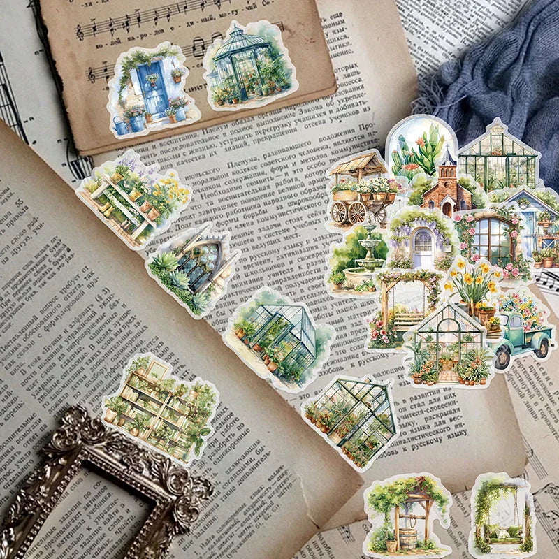 stickers adhésifs multicolores illustrations vintage jardins fleurs serres paysages DIY scrapbooking