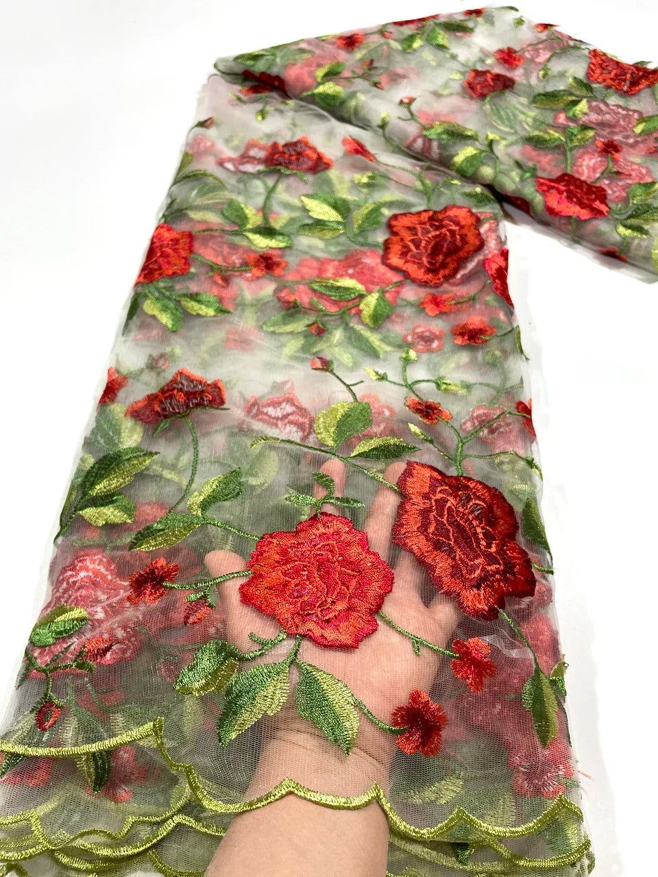 tissu dentelle africain floral brodé noir rouge vert rose violet 120cm 5mètres hautequalité translucide