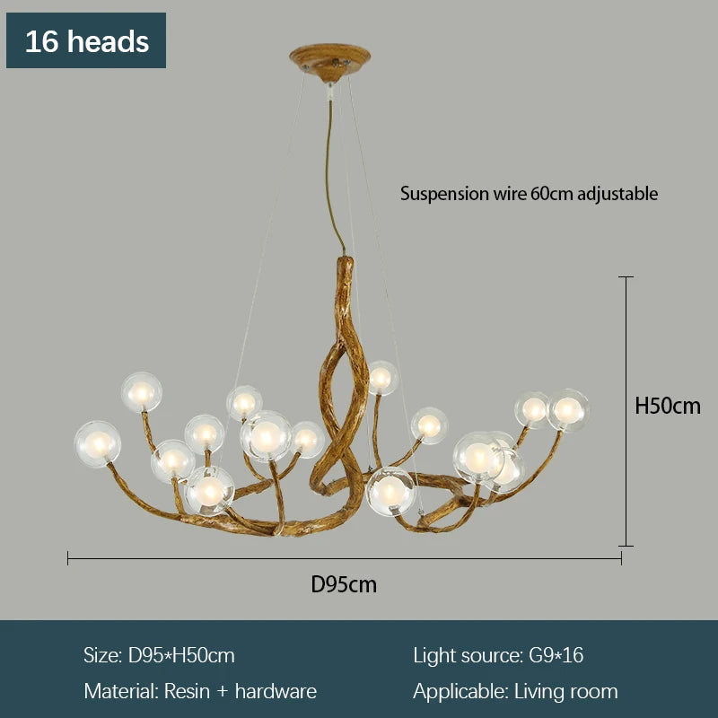 lampe suspendue moderne dorée branches naturelles 12 boules verre chaînes métalliques salon chambre