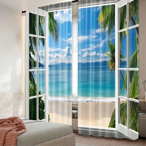 rideau moderne paysagiste marine palmiers ciel bleu plage blanche bleu vert blanc beige translucide