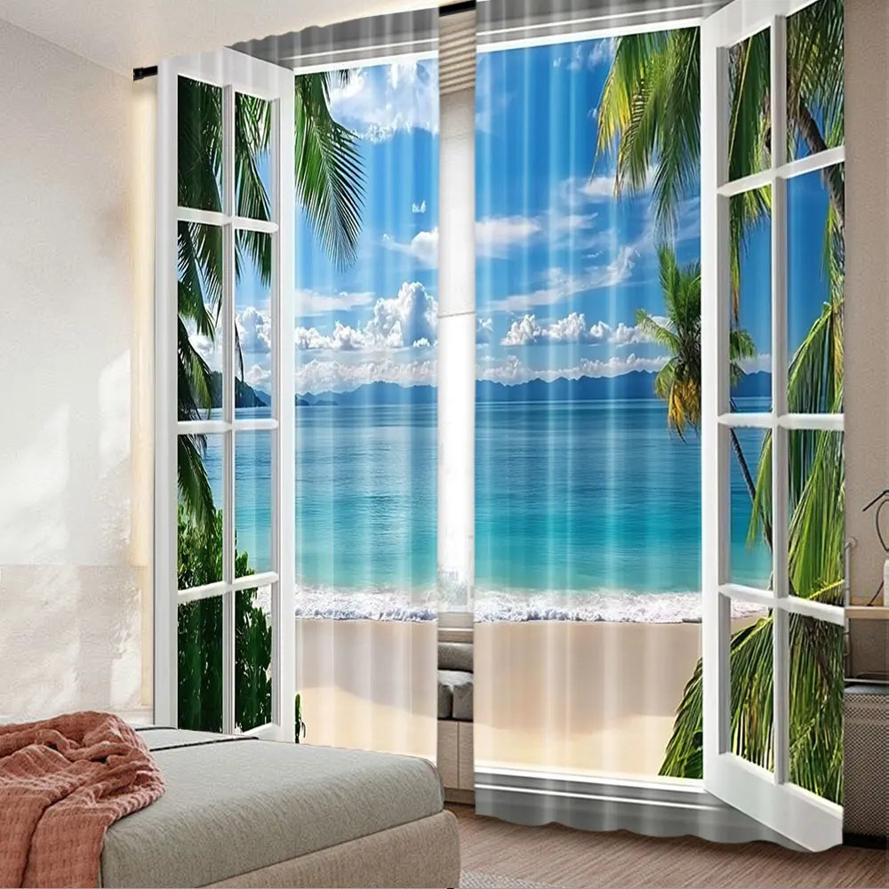 rideau moderne paysagiste marine palmiers ciel bleu plage blanche bleu vert blanc beige translucide