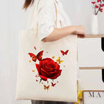 sac main toile imprimé floral rose rouge papillons beige clair réutilisable respectueux environnement poignées