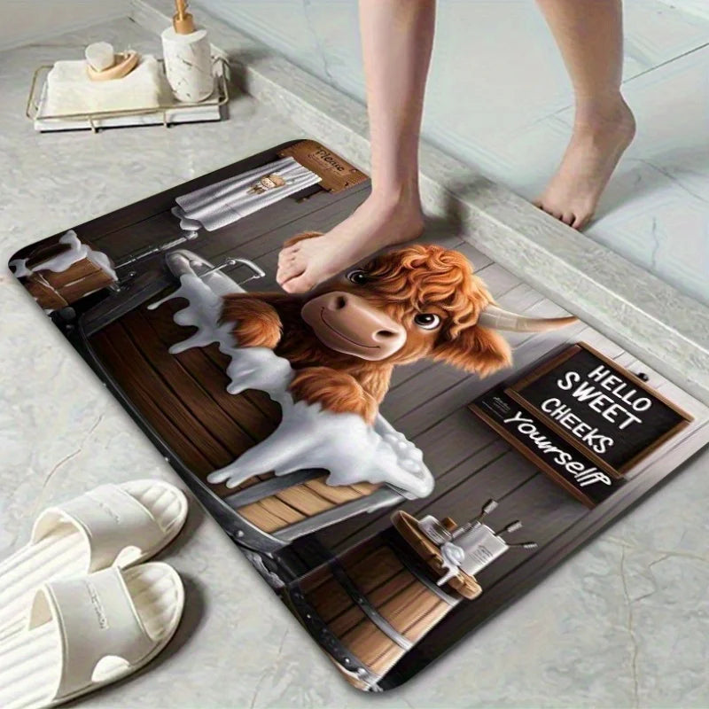 tapis sol antidérapant marron blanc motif taureau bain humour intérieur salon chambre