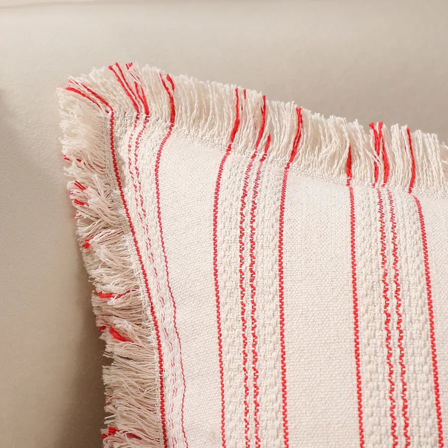 housse coussin boho chic rayé beige blanc rustique zipper 30x50cm