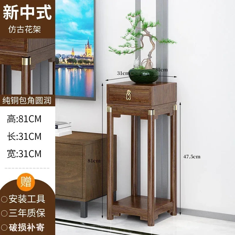 meuble appoint bois massif moderne table tiroir meuble double plateau vase bleu figurine bouteille