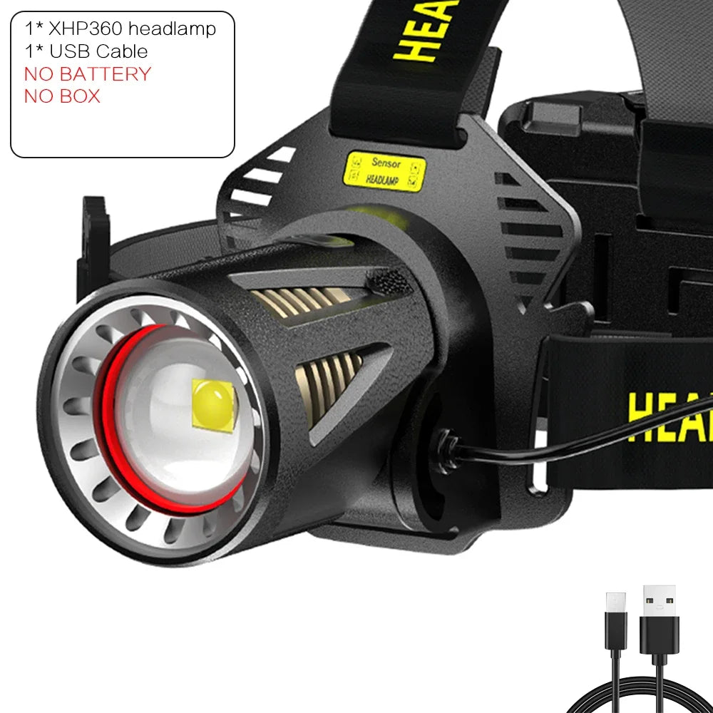 lampe frontale rechargeable led zoomable sensor camping vtt randonnée noir jaune adjustable waist belt