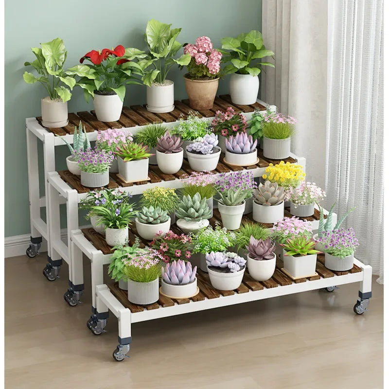 meuble plante roulettes blanc moderne niveaux métal bois pot fleur salon