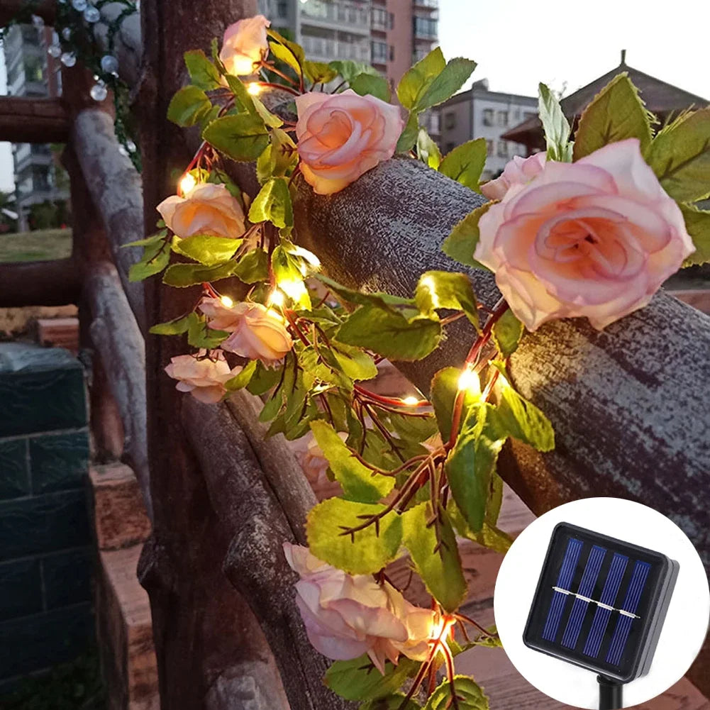 guirlande lumineuse fleurs artificielles rose feuilles vertes adhésif solaire led 5m 16.4ft 50leds