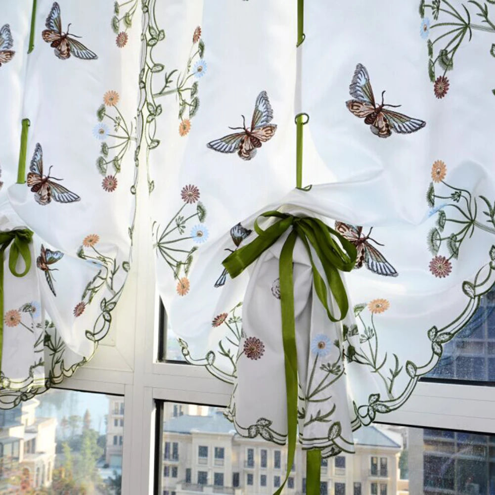 rideau fenêtre floral papillon transparent champêtre décoration guirlande feuilles verte blanc vert orange bleu