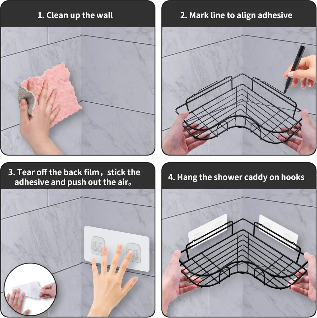 étagère douche noire métal moderne imperméable grille adhésive inclusion crochets instructions