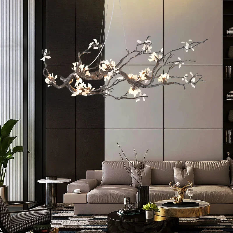 suspension luminaire branches cuivre fleurs artificielles moderne noir blanc salon salle manger intérieur