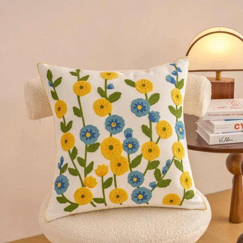 housse coussin décorative motif floral brodé moderne canapé salon lit maison blanc