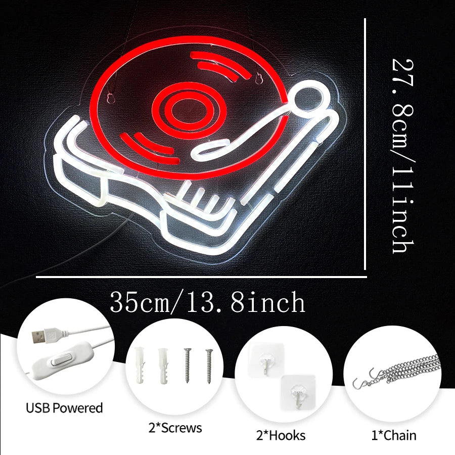 néons lumineux disque vinyle rouge bleu jaune blanc moderne rétro câble usb vis crochets
