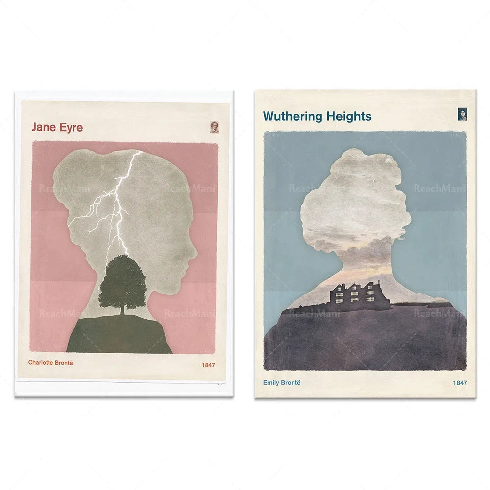 Deux affiches de livres classiques, l'une représentant une silhouette féminine et l'autre une maison mystérieuse sur une colline.