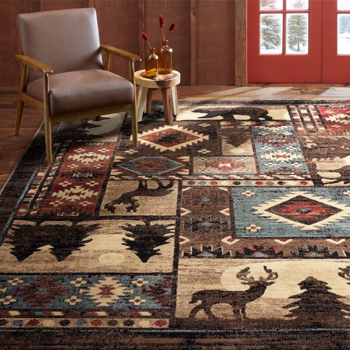 tapis rouge noir beige bleu marron motifs géométriques animaux texture douce rustique ethnique salon