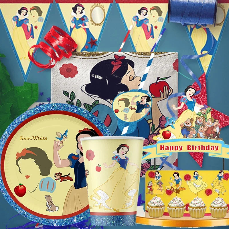 vaisselle jetable blanche neige assiettes gobelets pailles guirlande décorations cupcakes fête anniversaire enfant