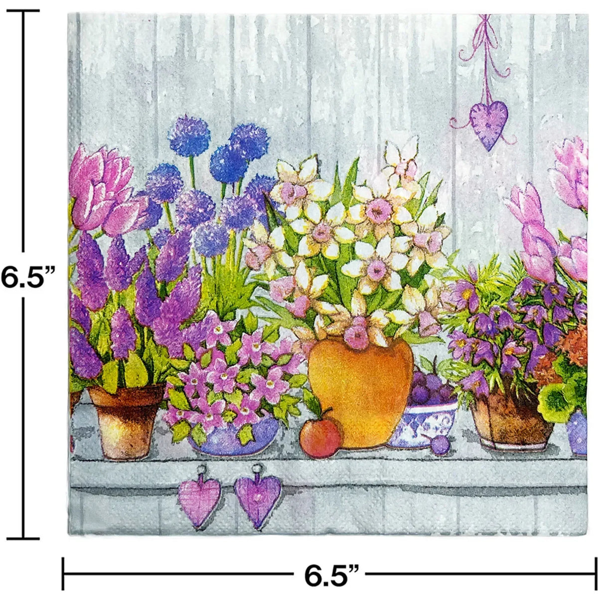 serviettes papier serviettes florales motif fleurs pots arrière plan bois rose violet bleu jaune