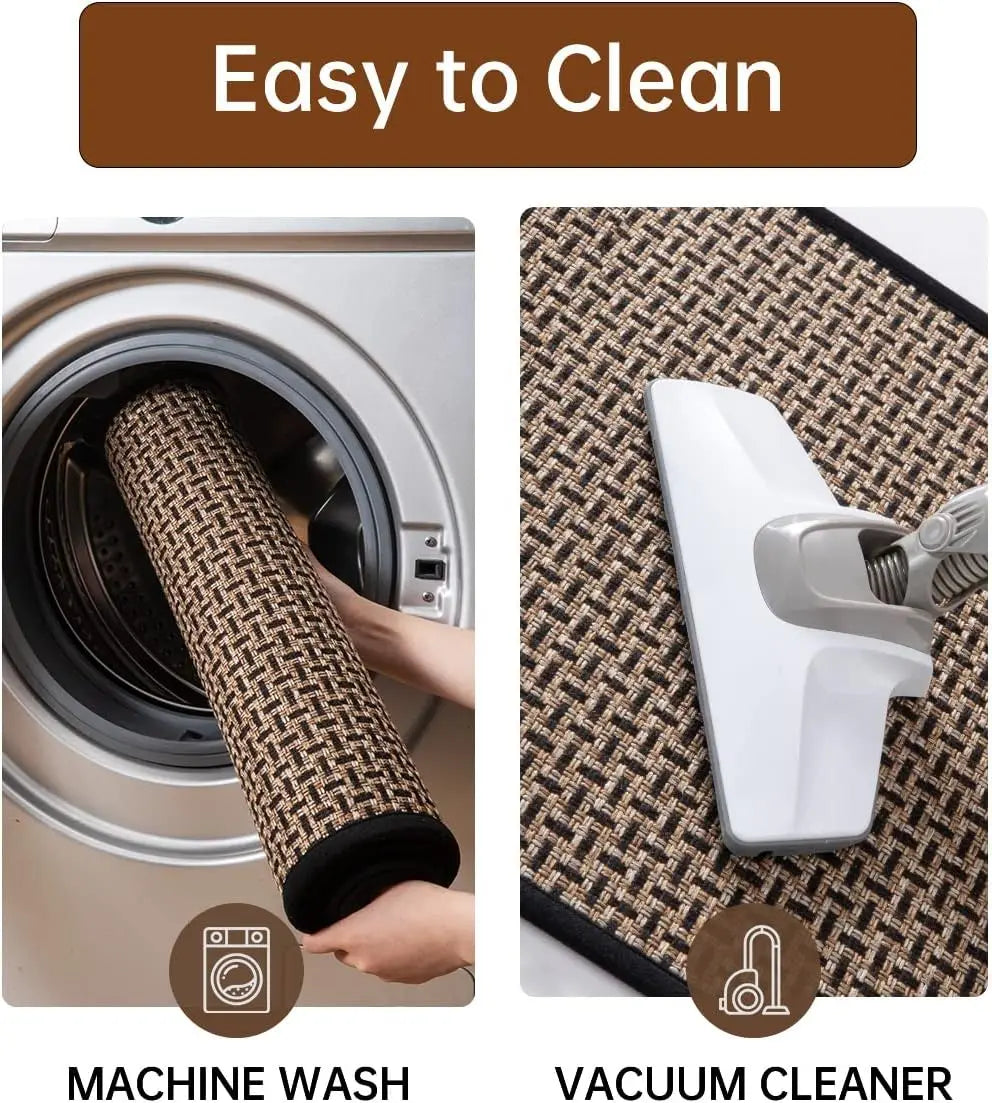 tapis solide marron clair noir tissé géométrique moderne antidérapant lavable cuisine intérieur