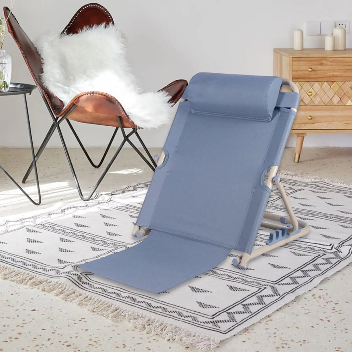 chaise inclinable relax bleu moderne oreiller tête barres métalliques ajustables lit multifonctionnelle