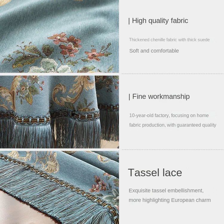 nappe table rectangulaire chenille bleue beige marron motif floral franges classique élégant