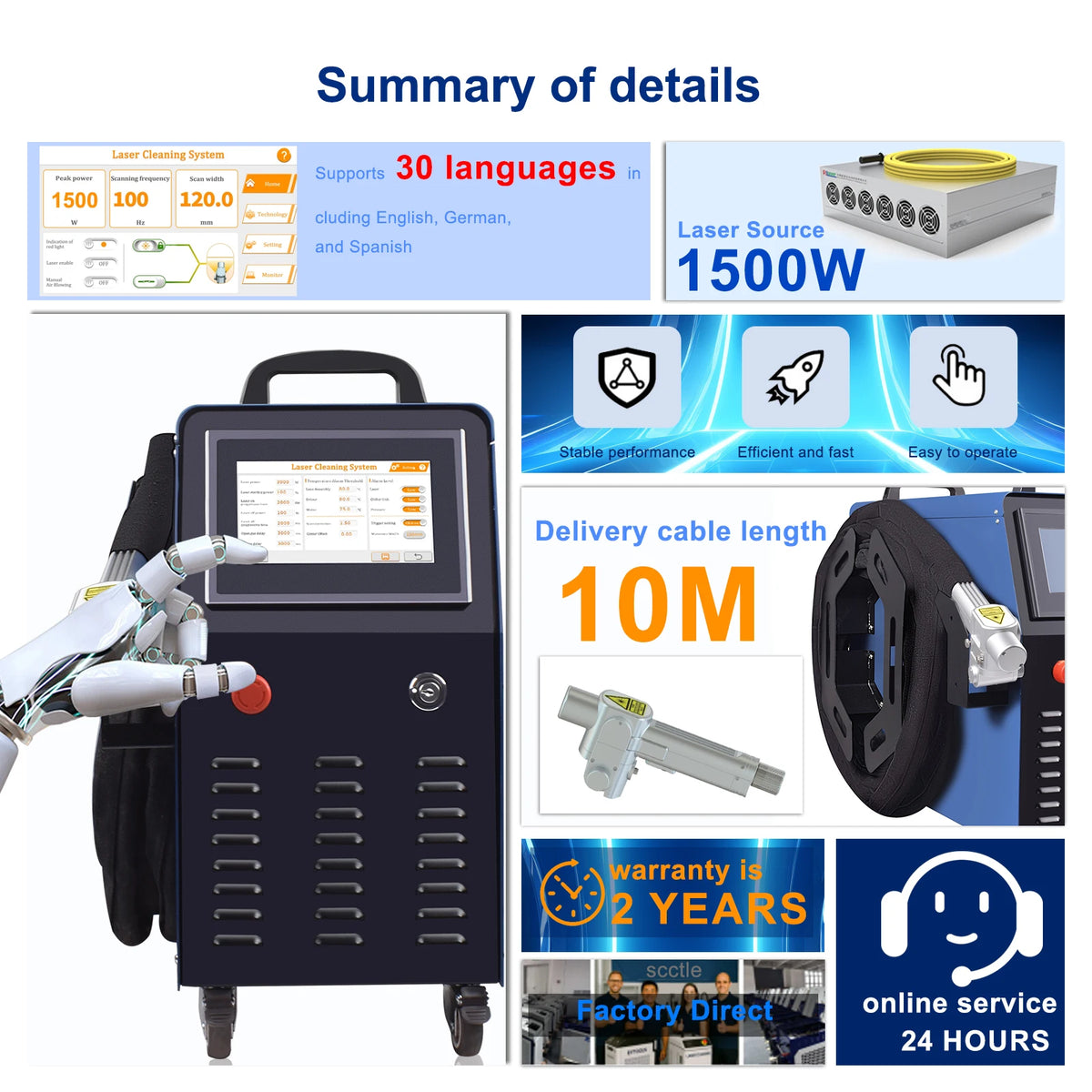 machine laser nettoyage rouille peinture oxyde portable écran tactile lance pistolet câble gris certification