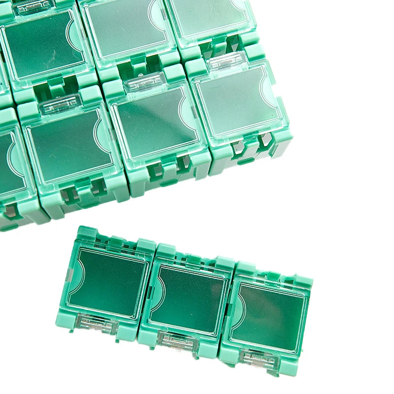 boîtes rangement électroniques transparentes vert rouge bleu jaune noir pratiques clips compactes
