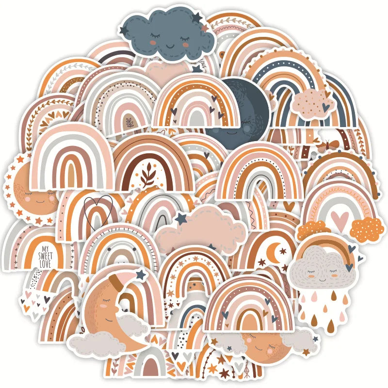 autocollants boho chic arc ciel nuages étoiles lunes feuilles marron beige gris blanc imperméables
