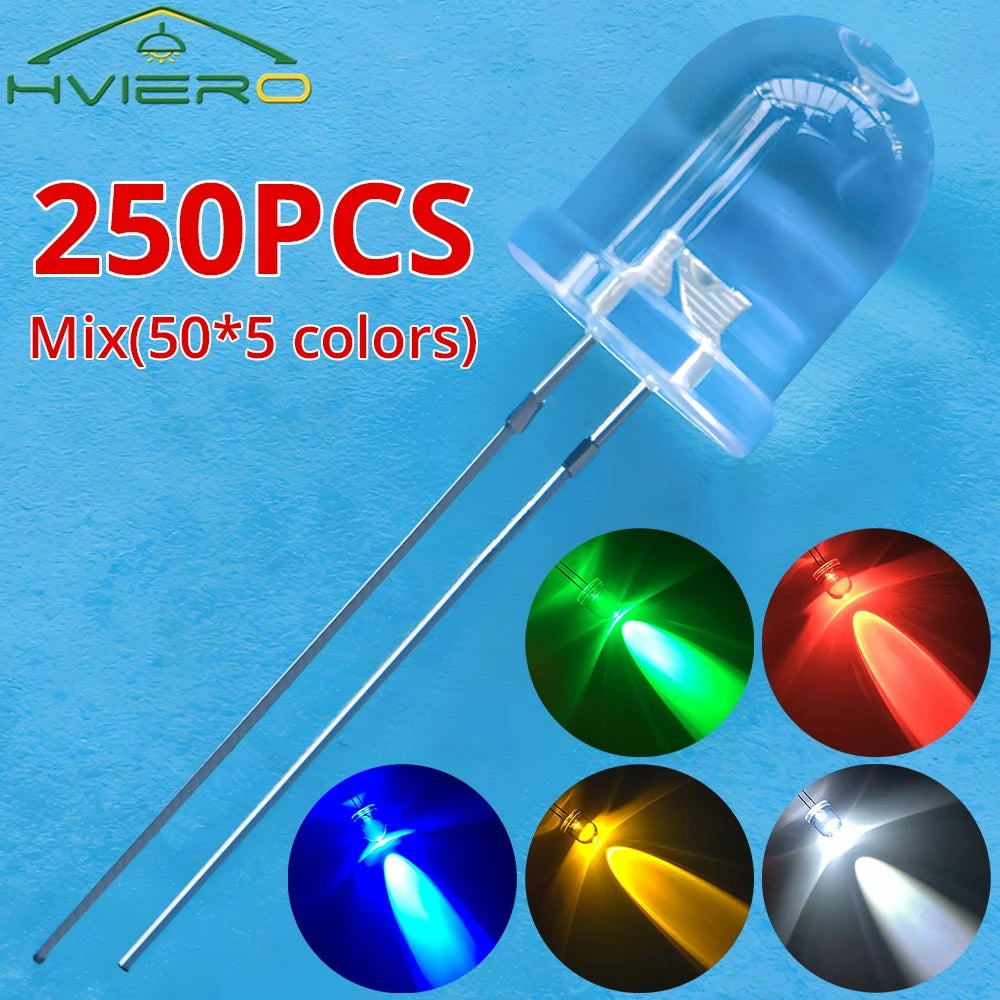 Diodes led 10mm bleu vert rouge orange blanc rose violet blanc chaud 250pcs