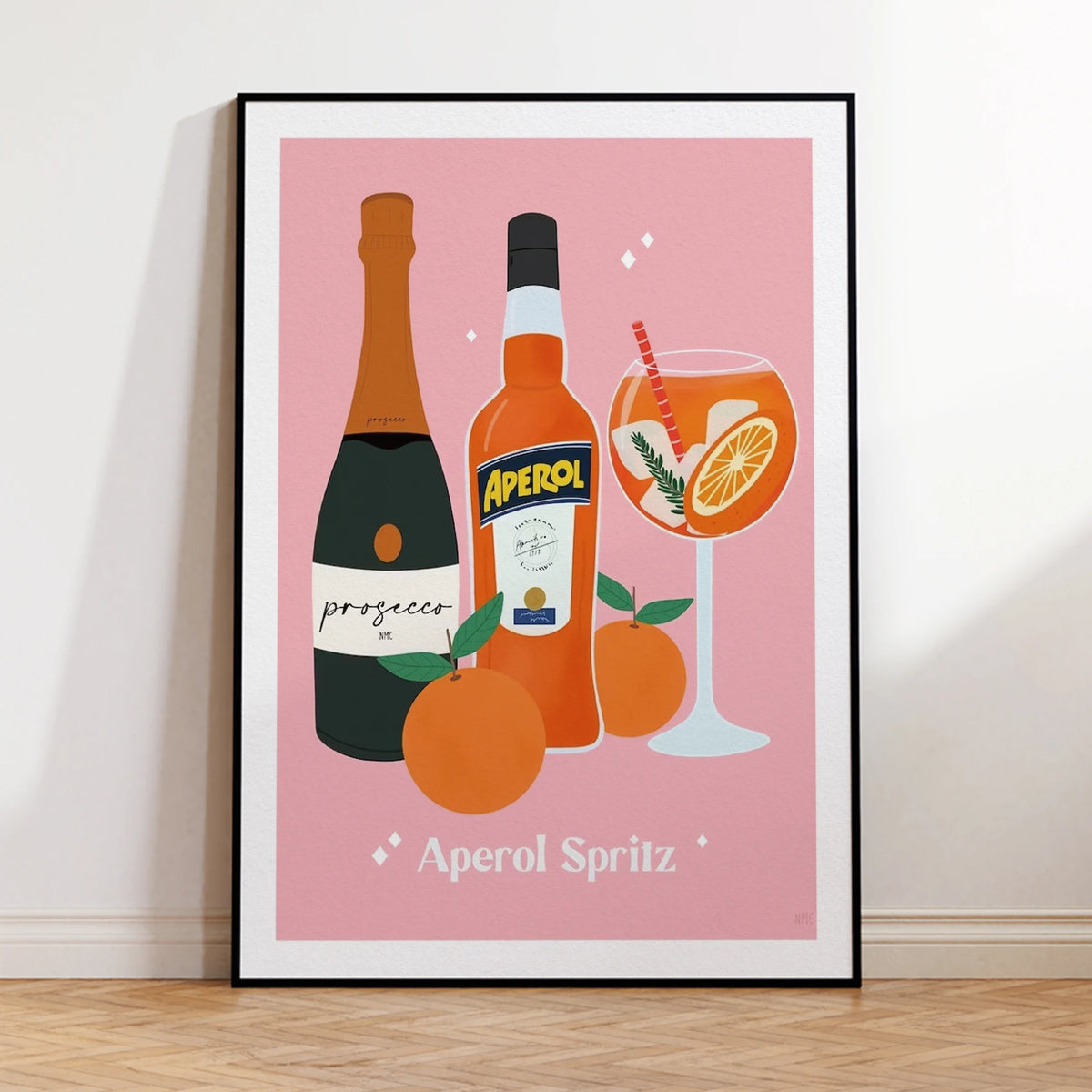 affiche art bouteilles prosecco aperol spritz oranges feuilles vertes texte rose clair illustration cadre