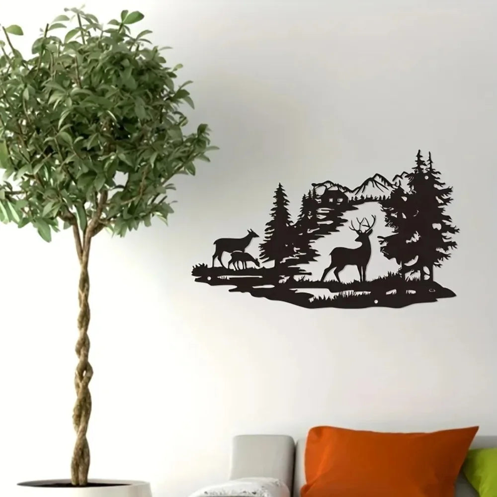 décoration murale silhouette animaux cerf arbre montagne noire moderne minimaliste artística maison
