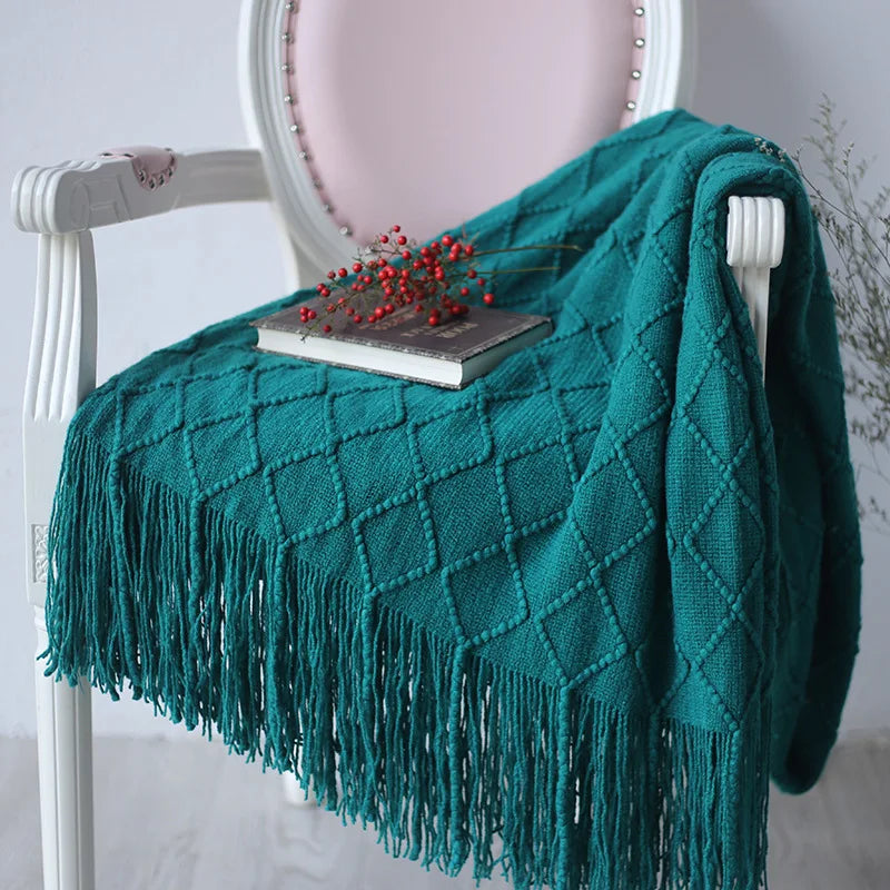 plaid motif losange franges couleurs rose beige vert gris chambre décoration hiver cozy champêtre