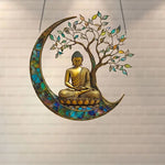 décoration suspendue bouddha or bronze bleu vert zen vitrail feuilles croissant lune chambre