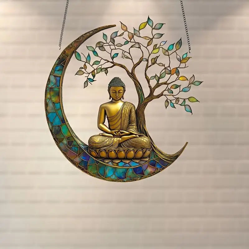 décoration suspendue bouddha or bronze bleu vert zen vitrail feuilles croissant lune chambre